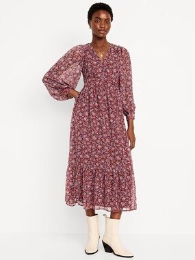 Old Navy Burgundy Floral V-Neck Maxi Dress
